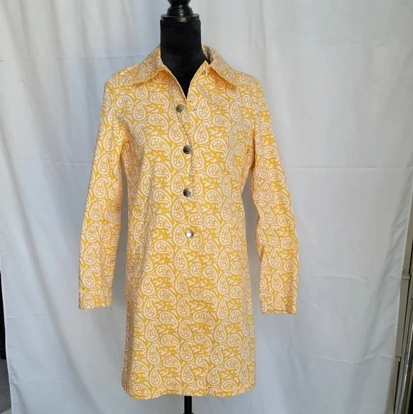 Michael Kors Sunshine Yellow White Paisley Classi Trench Coat Jacket Snap Small - Picture 1 of 12
